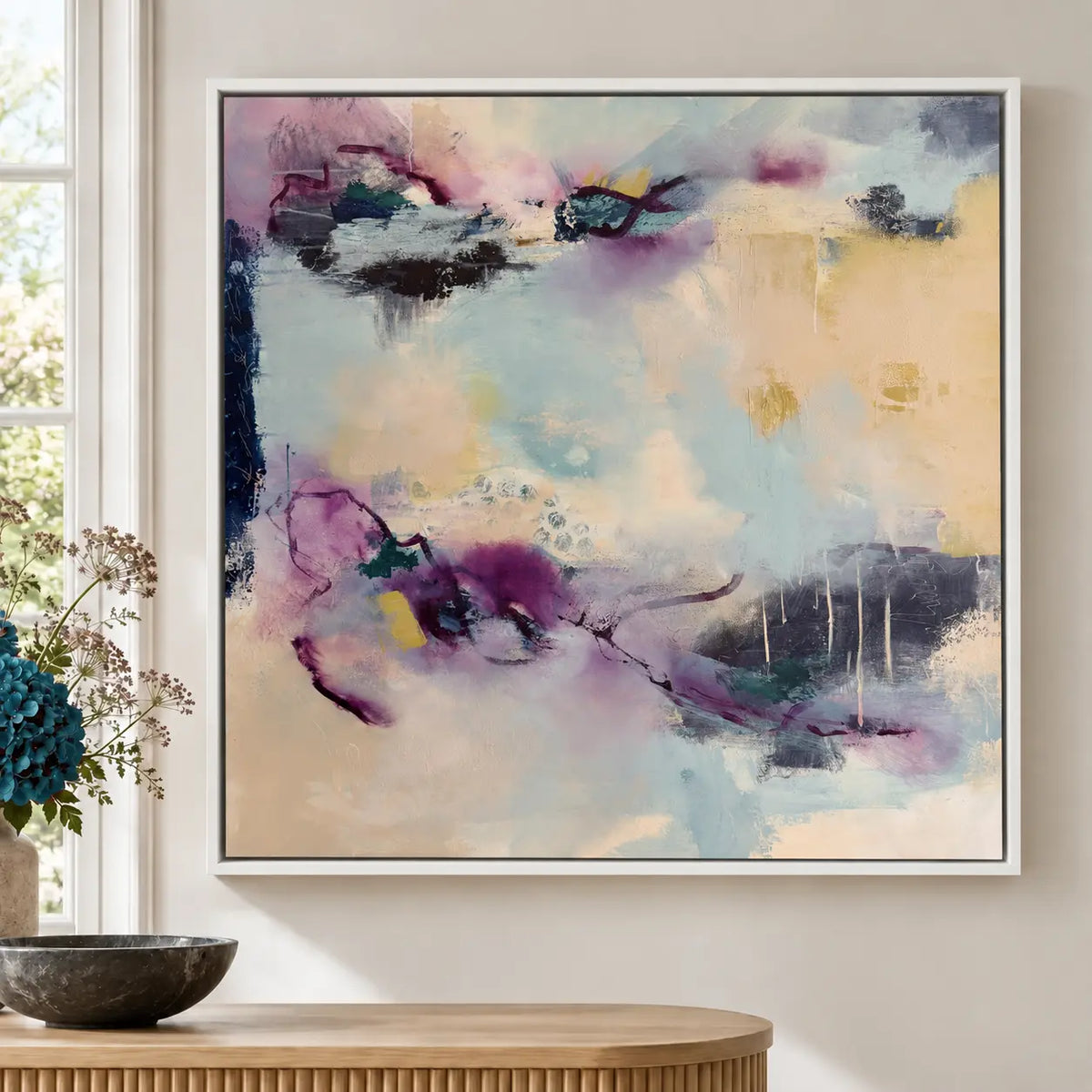 Reciprocity original abstract painting in a white float frame by Nicola Bird