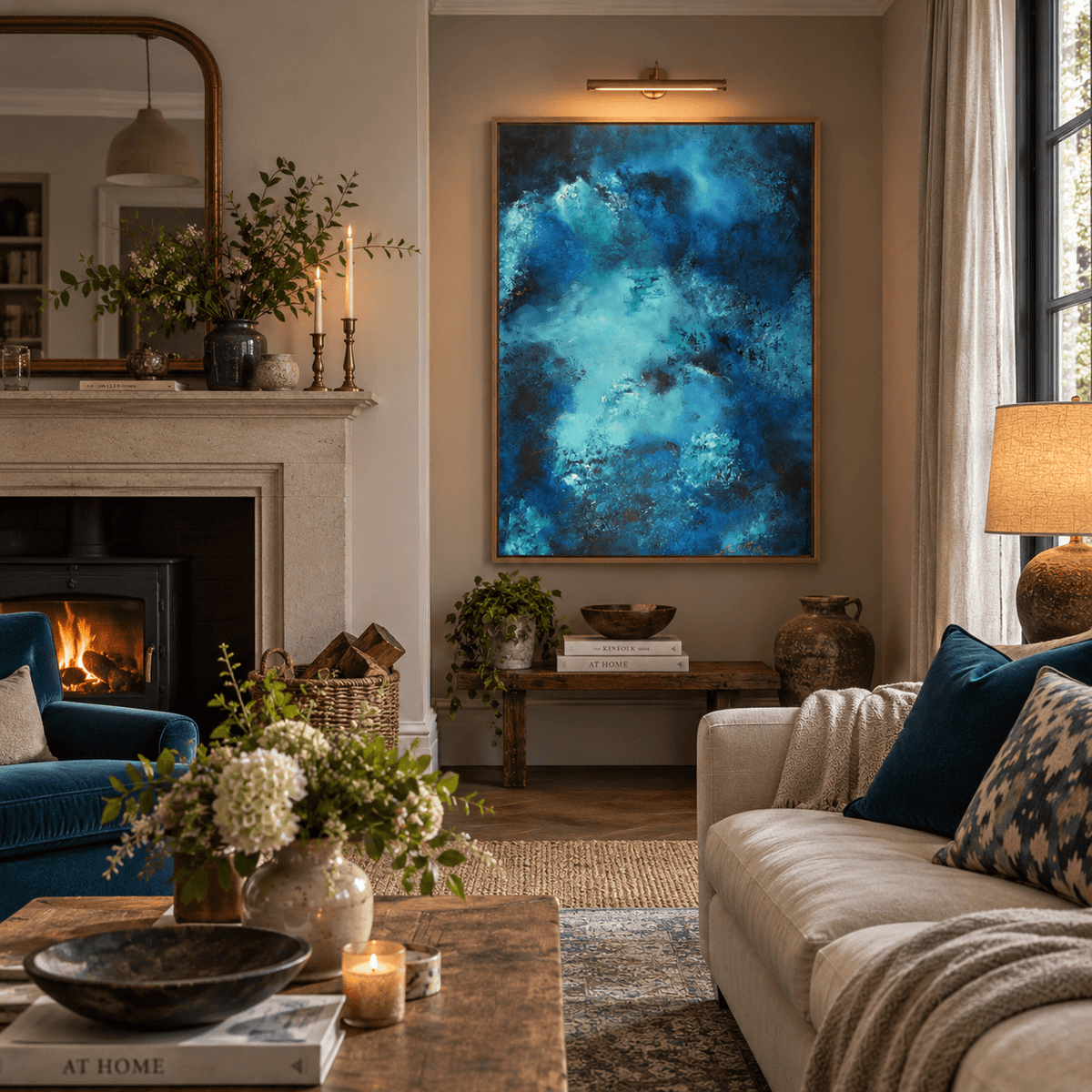 A large framed abstract painting with swirling shades of blue, teal, and white hangs on a beige wall in a styled living room with a fireplace, sofa, and decorative accents.