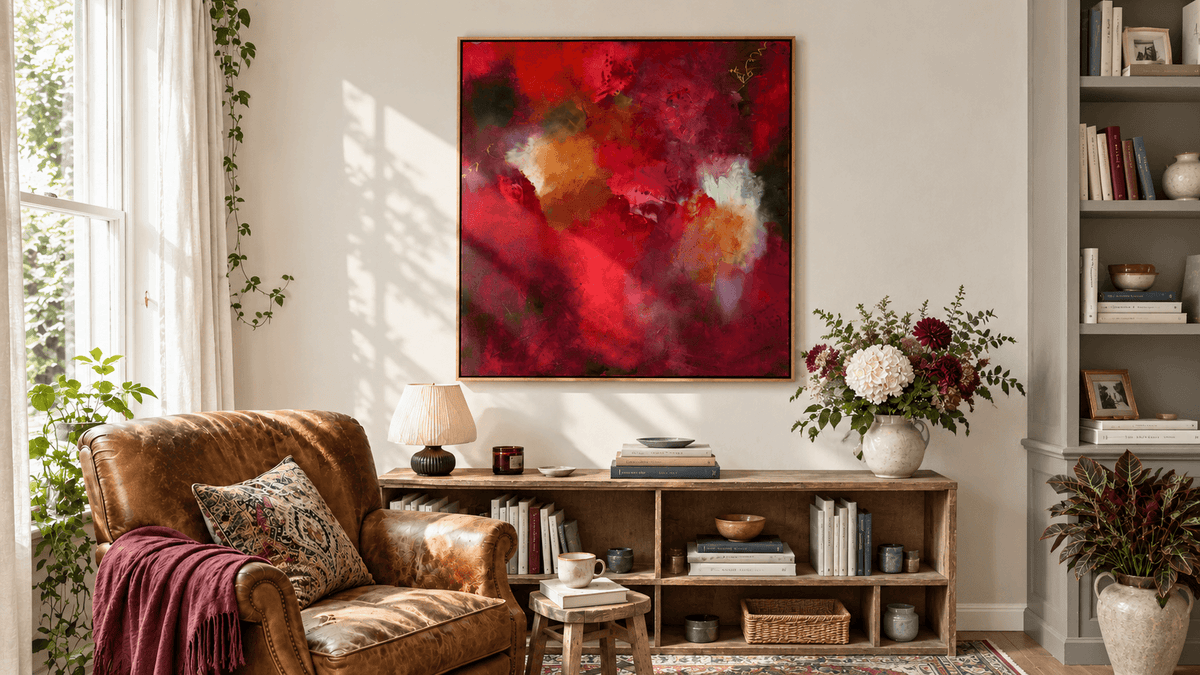 A large square abstract painting with vibrant red, black, and gold brushstrokes hangs on a beige wall in a beautifully styled living room with a brown leather armchair, wooden console table, and bookshelves.
