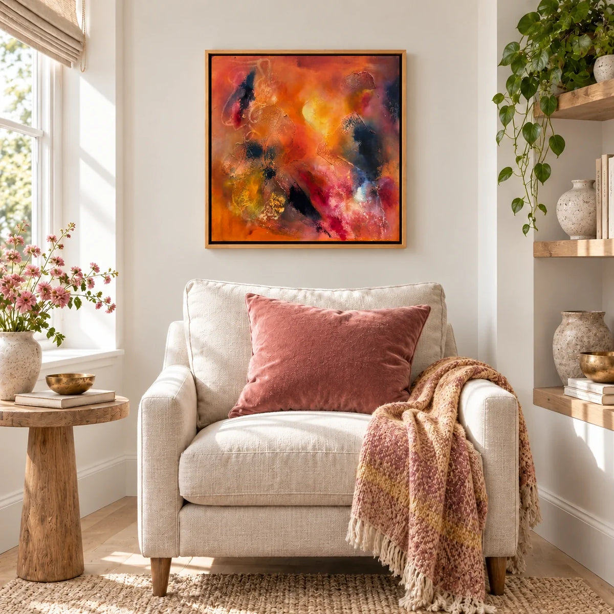 Astrid original artwork — 20 × 20 inches, oak float frame, scene 02