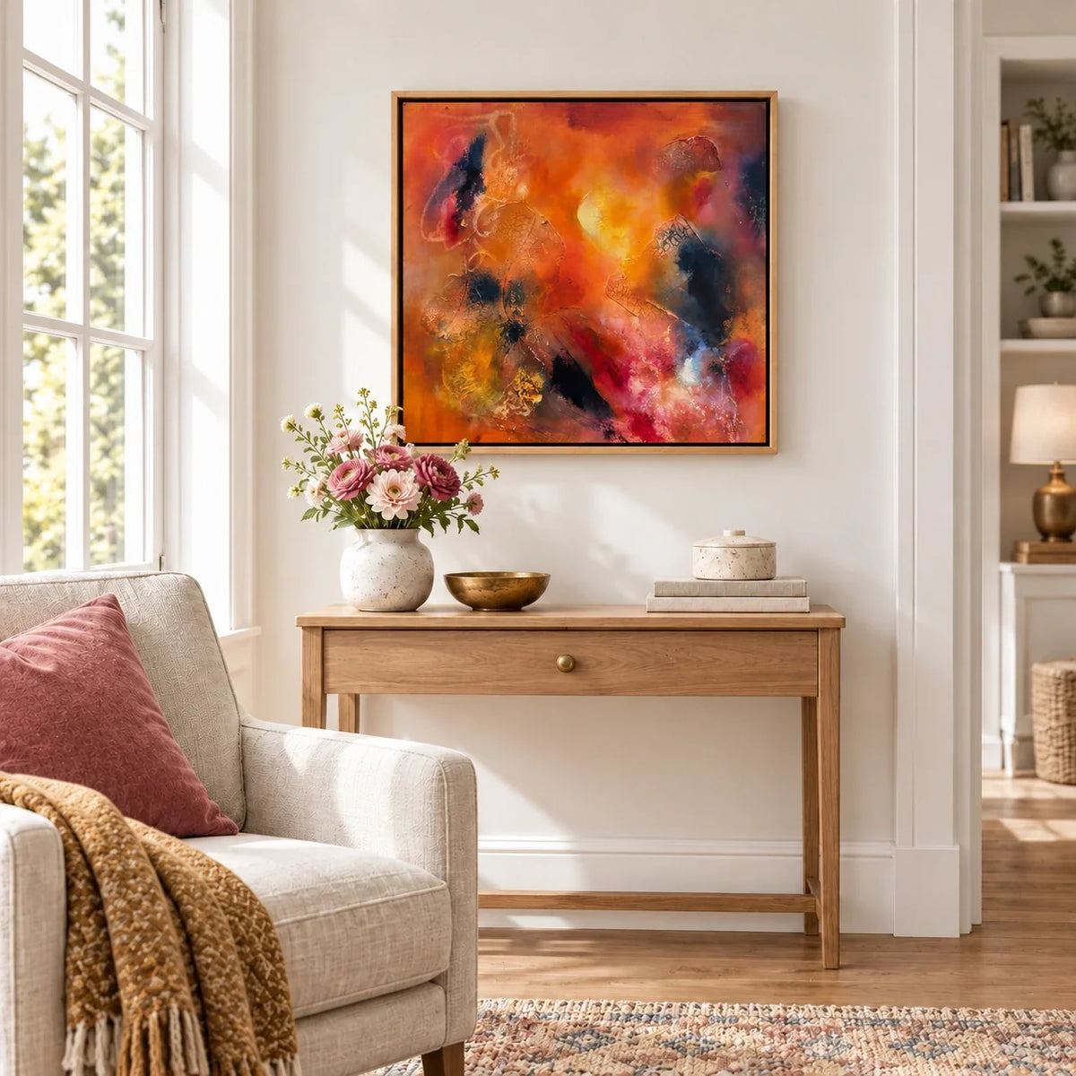 Astrid original artwork — 20 × 20 inches, oak float frame, scene 06