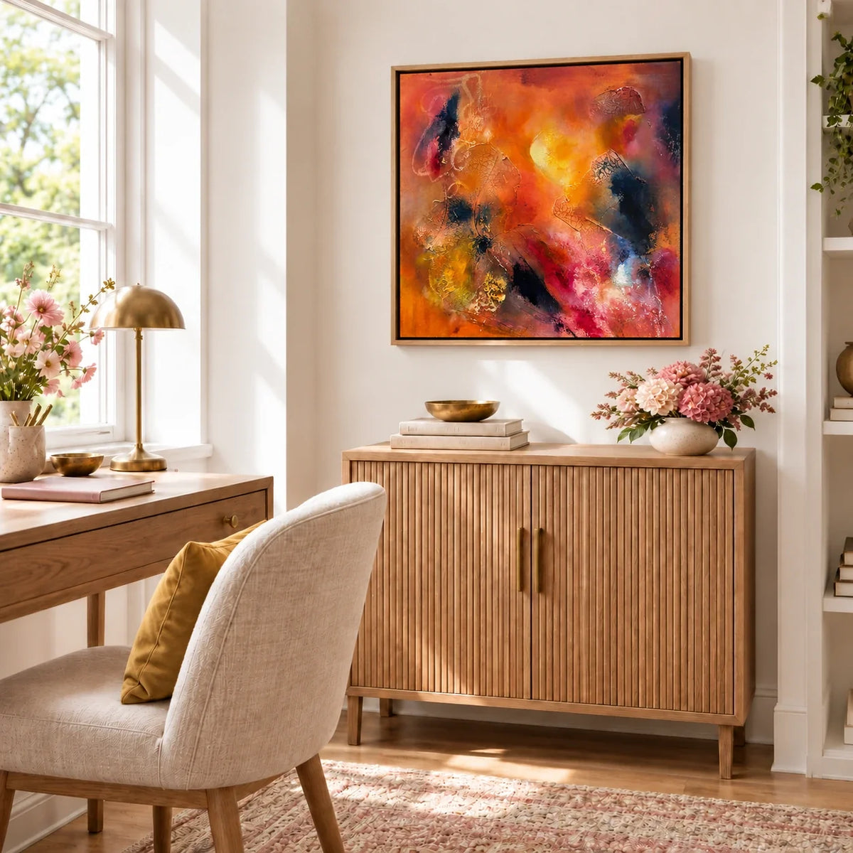 Astrid original artwork — 20 × 20 inches, oak float frame, scene 08