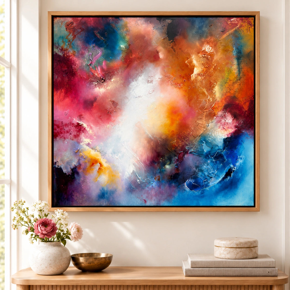 Beatrix original artwork, 20 × 20 inches, oak float frame — Light Editorial scene 01