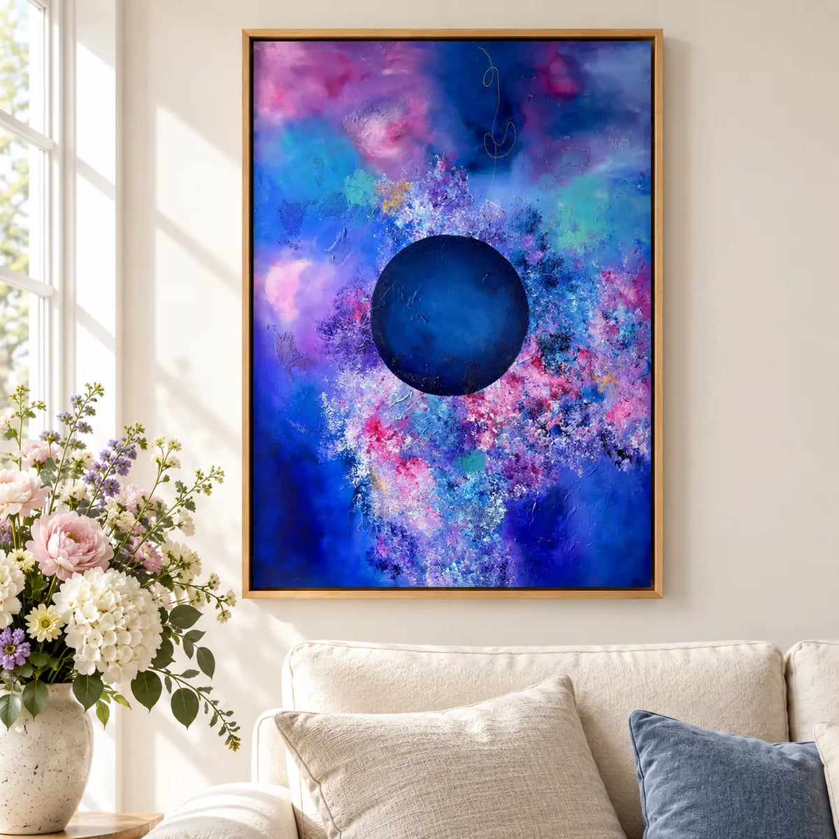 Bold framed canvas print in oak float frame – close-up