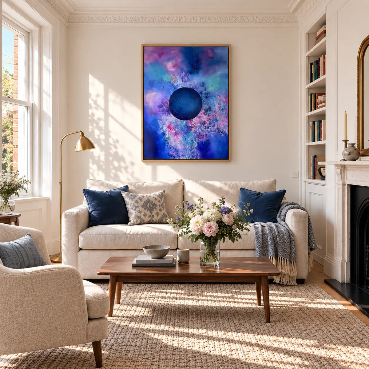 Bold framed canvas print in a light editorial living room