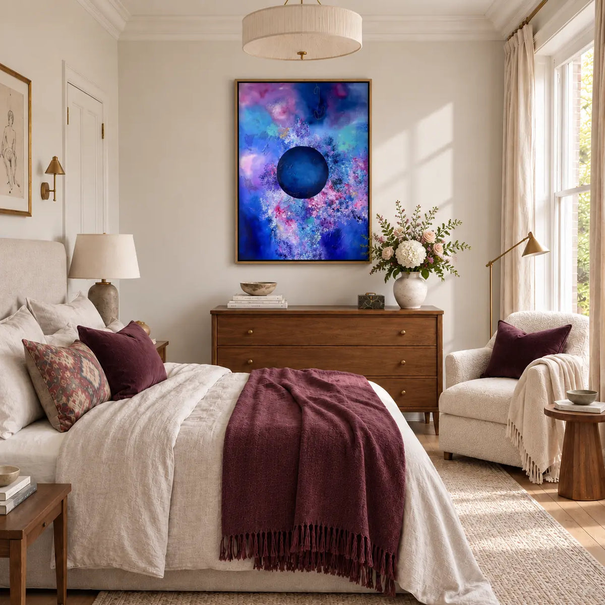 Bold framed canvas print in a light editorial bedroom