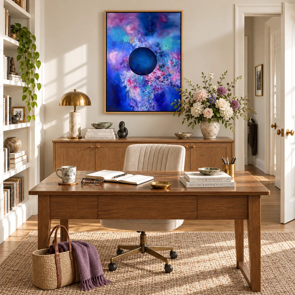 Bold framed canvas print in a woman's office