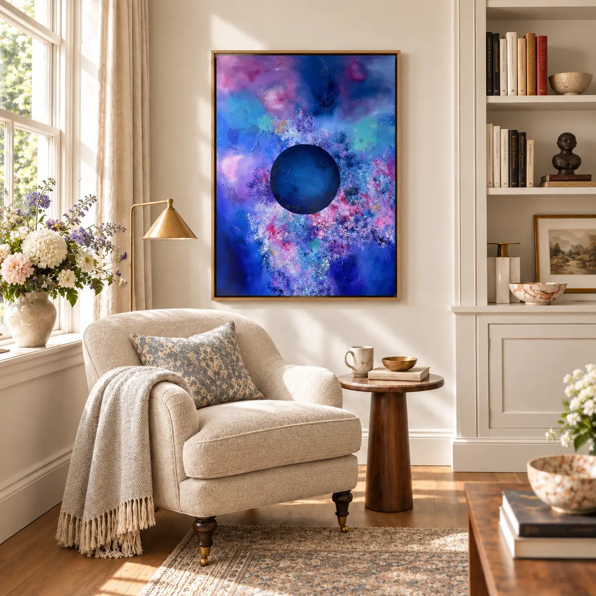 Bold framed canvas print in a reading nook