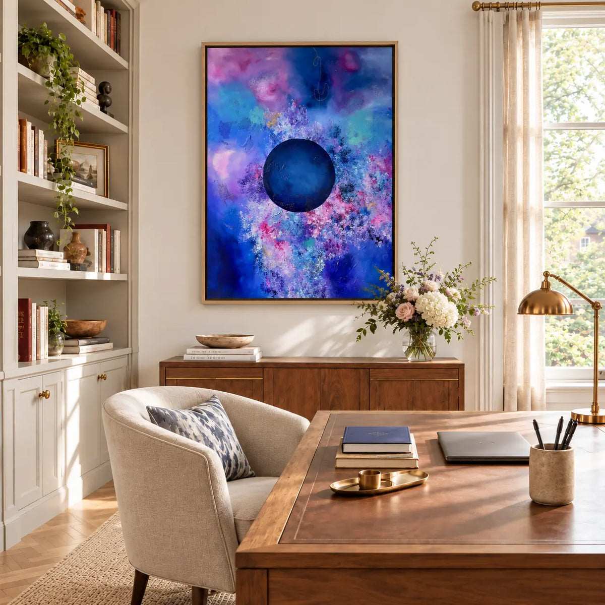 Bold framed canvas print in a writing room