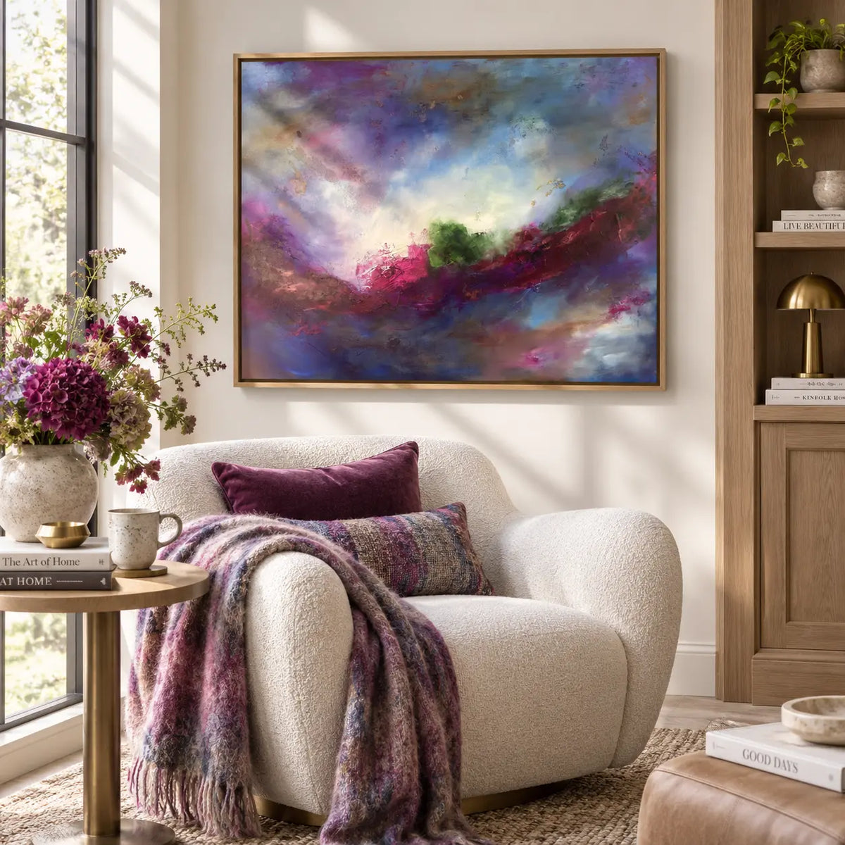Moody Bitch framed canvas print in a light editorial interior