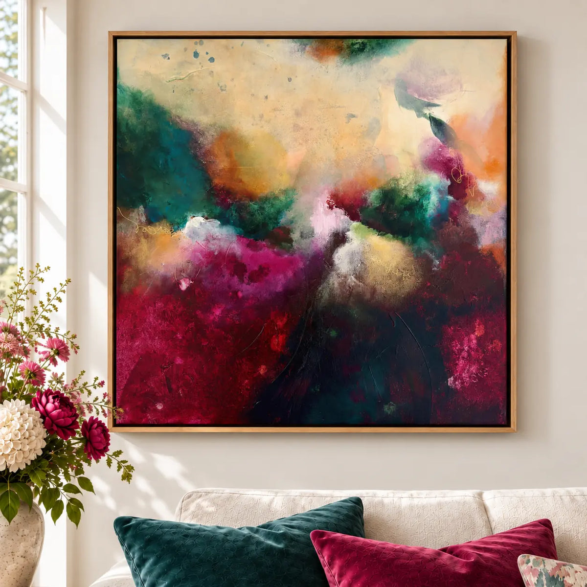 The Mother framed canvas print in oak float frame – close-up