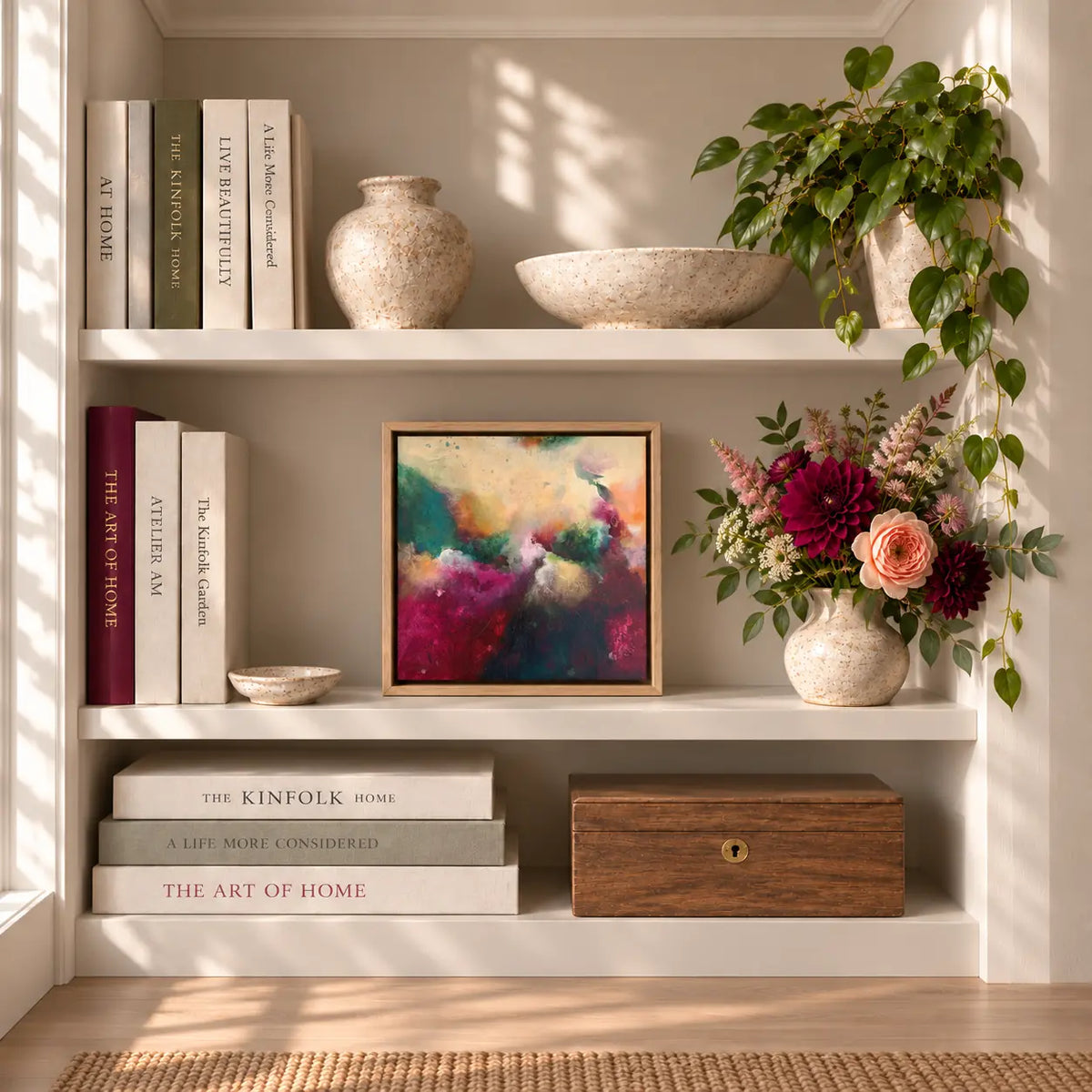 The Mother 12 inch framed canvas print styled on a bookcase