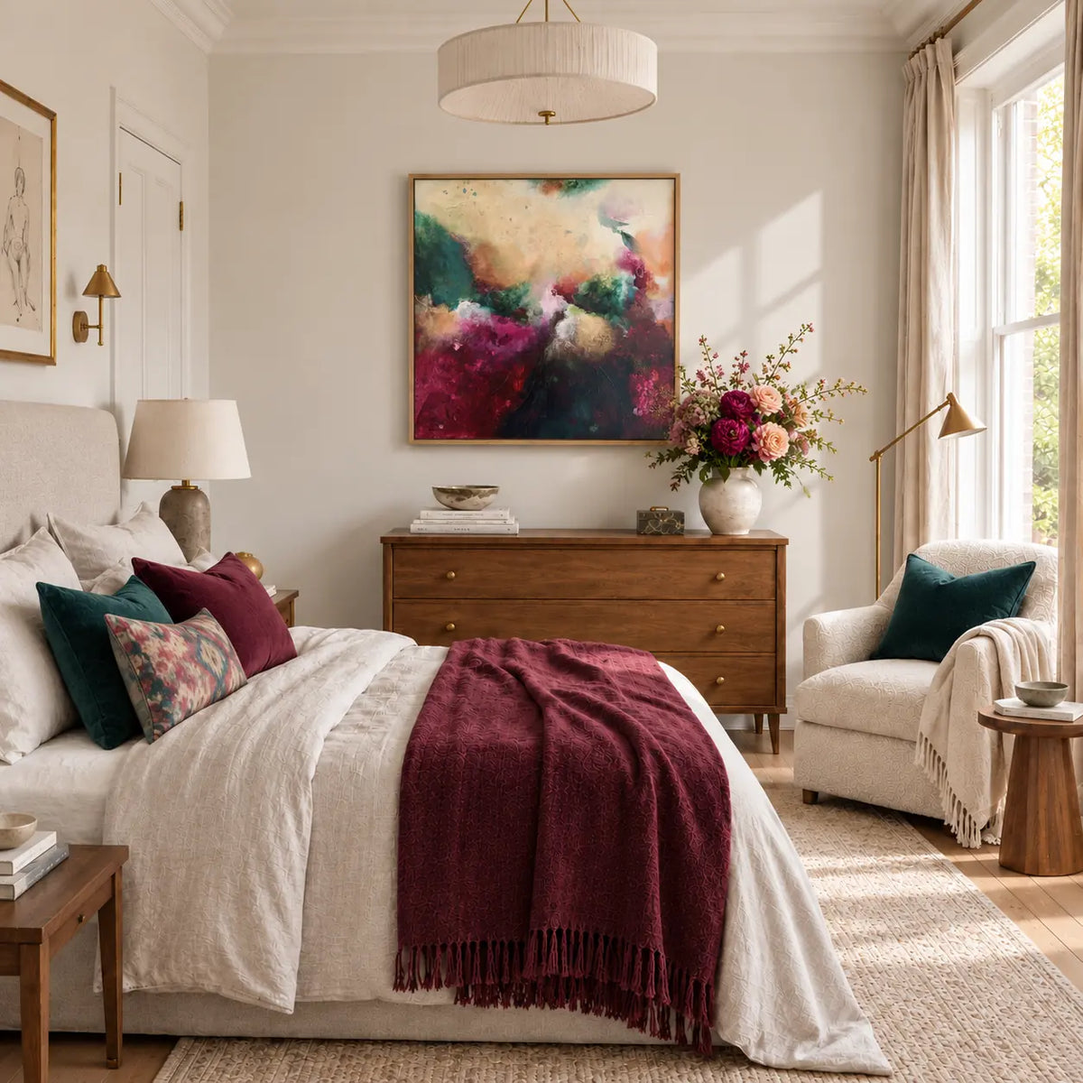 The Mother framed canvas print in a light editorial bedroom