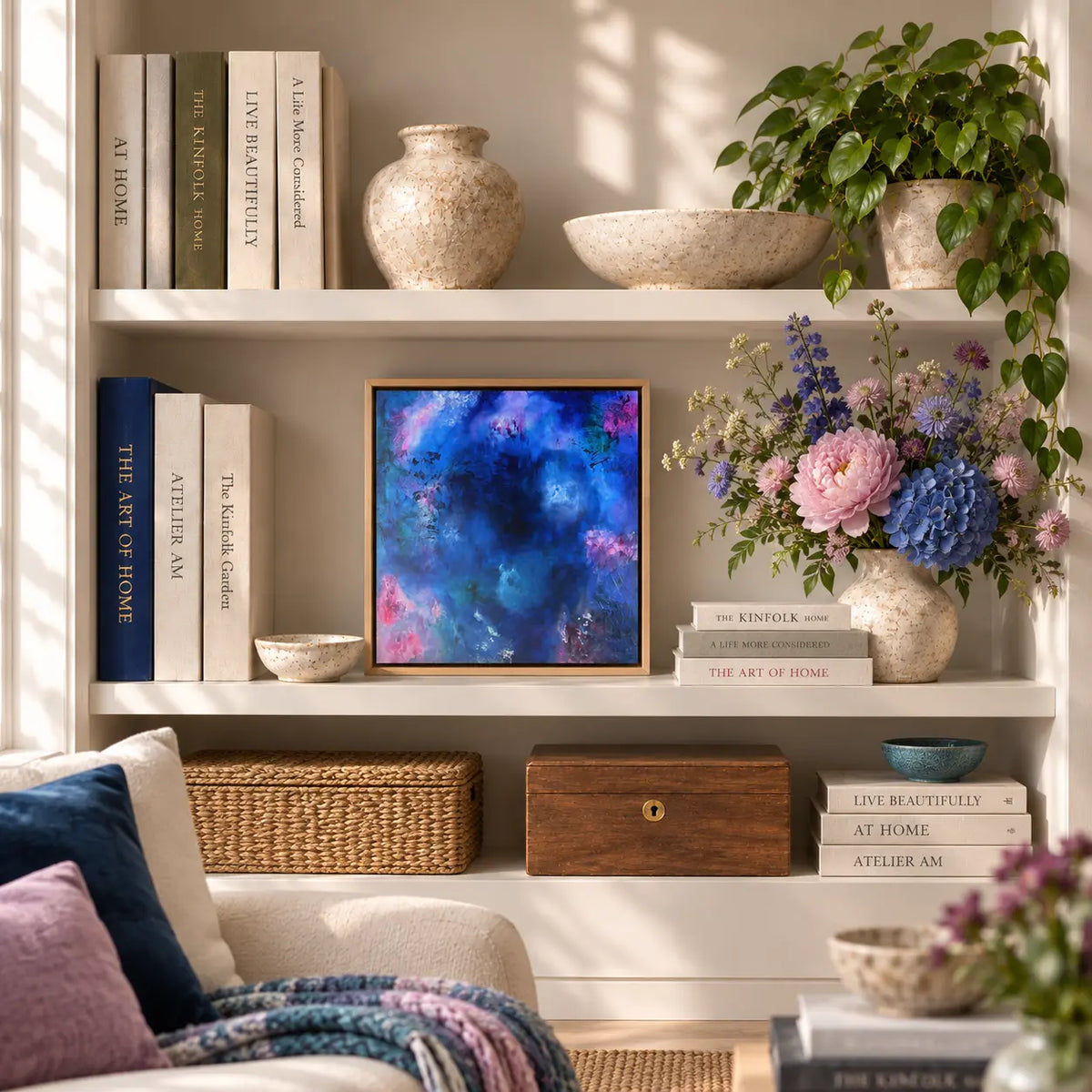 Nyx 12 by 12 inch framed canvas print on a bookcase