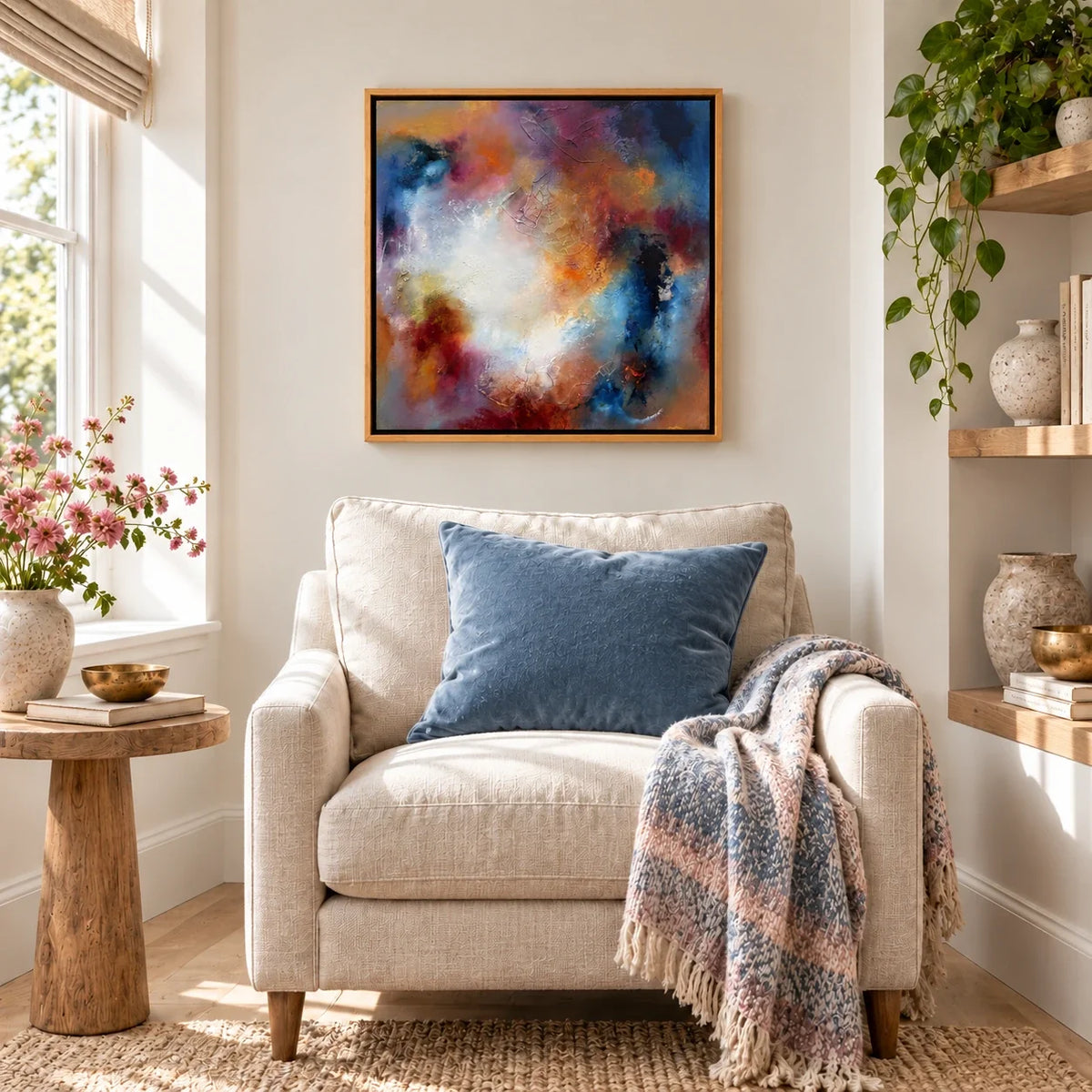 Phoebe original artwork — 20 × 20 inches, oak float frame, scene 02