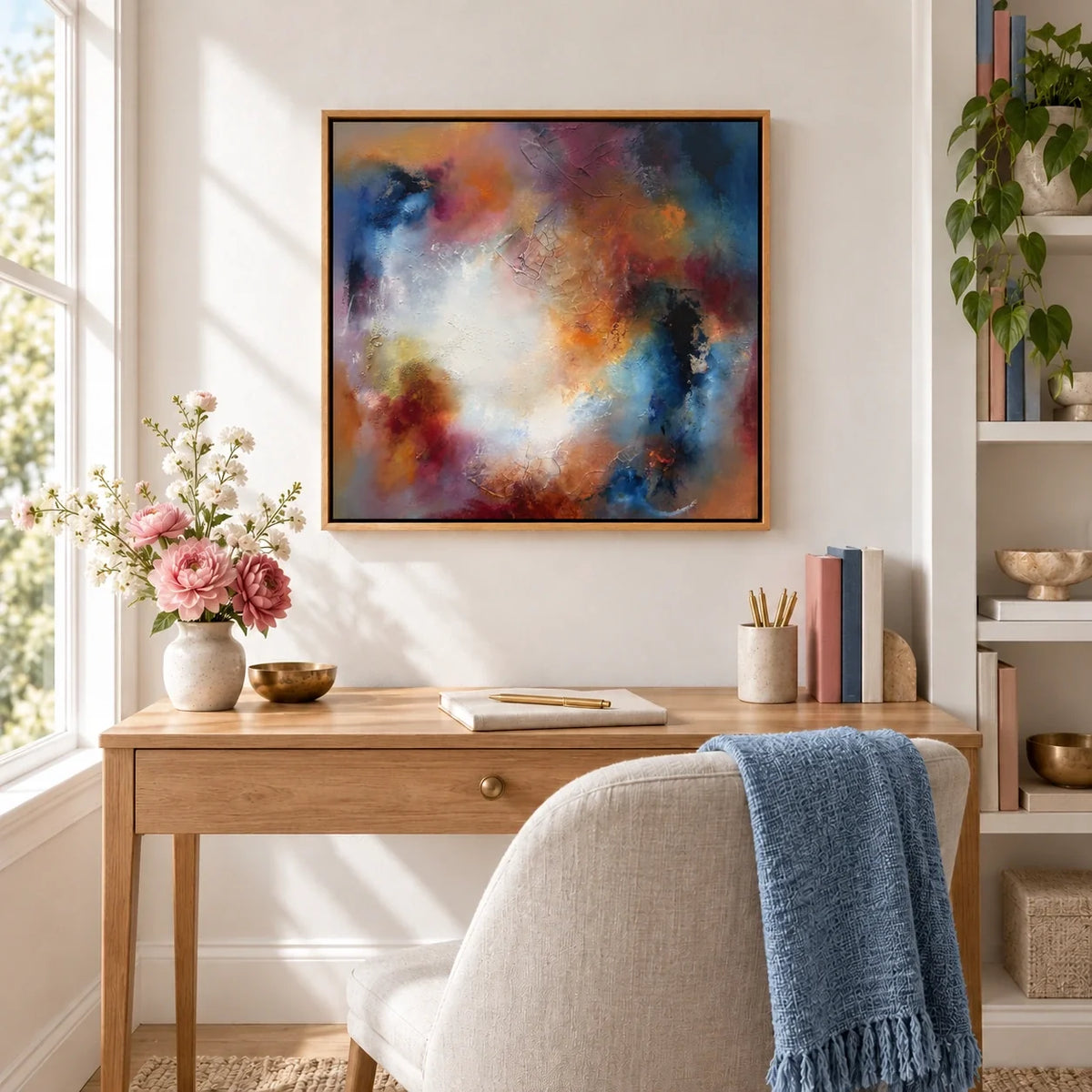 Phoebe original artwork — 20 × 20 inches, oak float frame, scene 05