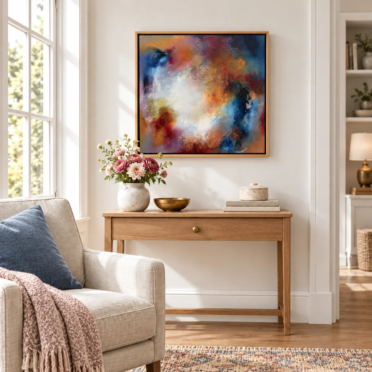 Phoebe original artwork — 20 × 20 inches, oak float frame, scene 06