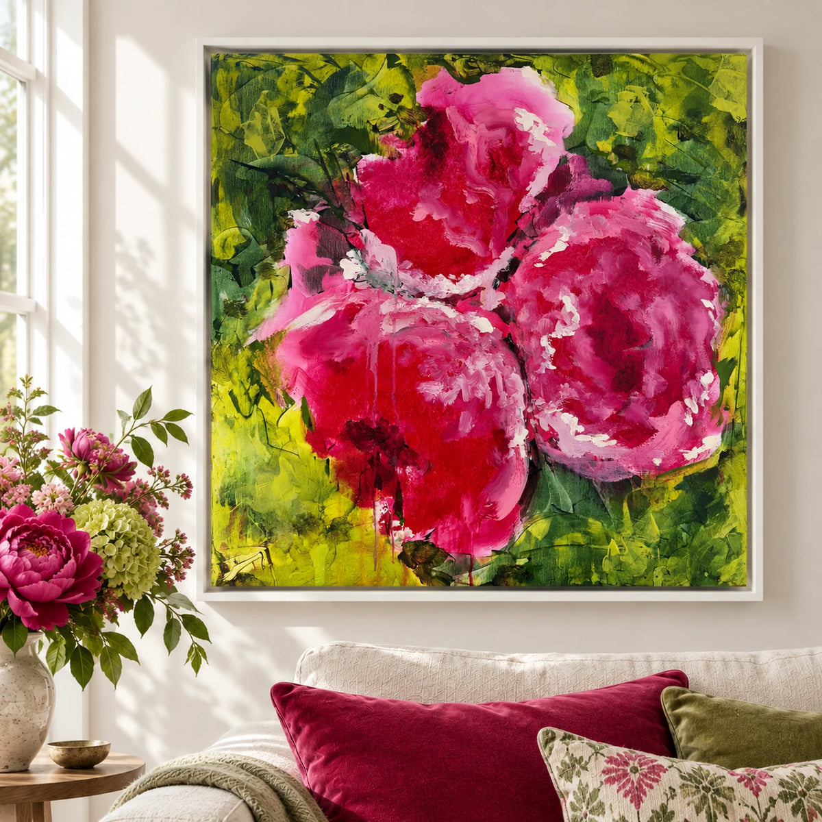 Physis original artwork in a white float frame, close-up room view, by Nicola Bird
