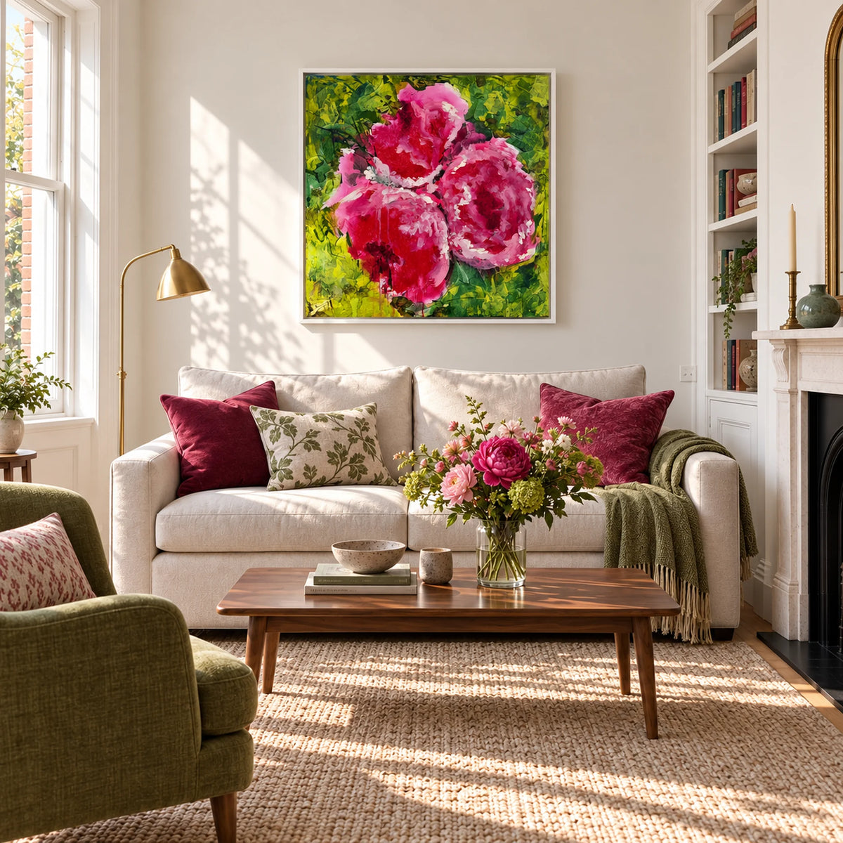 Physis original artwork in a white float frame in a light living room, by Nicola Bird