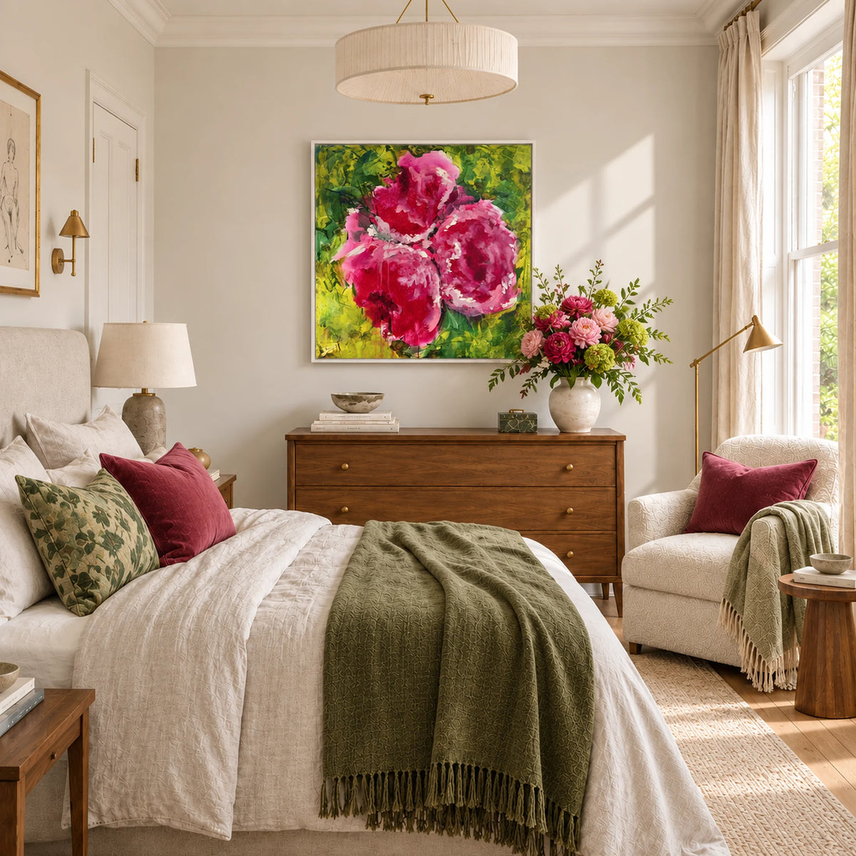 Physis original artwork in a white float frame in a light bedroom, by Nicola Bird