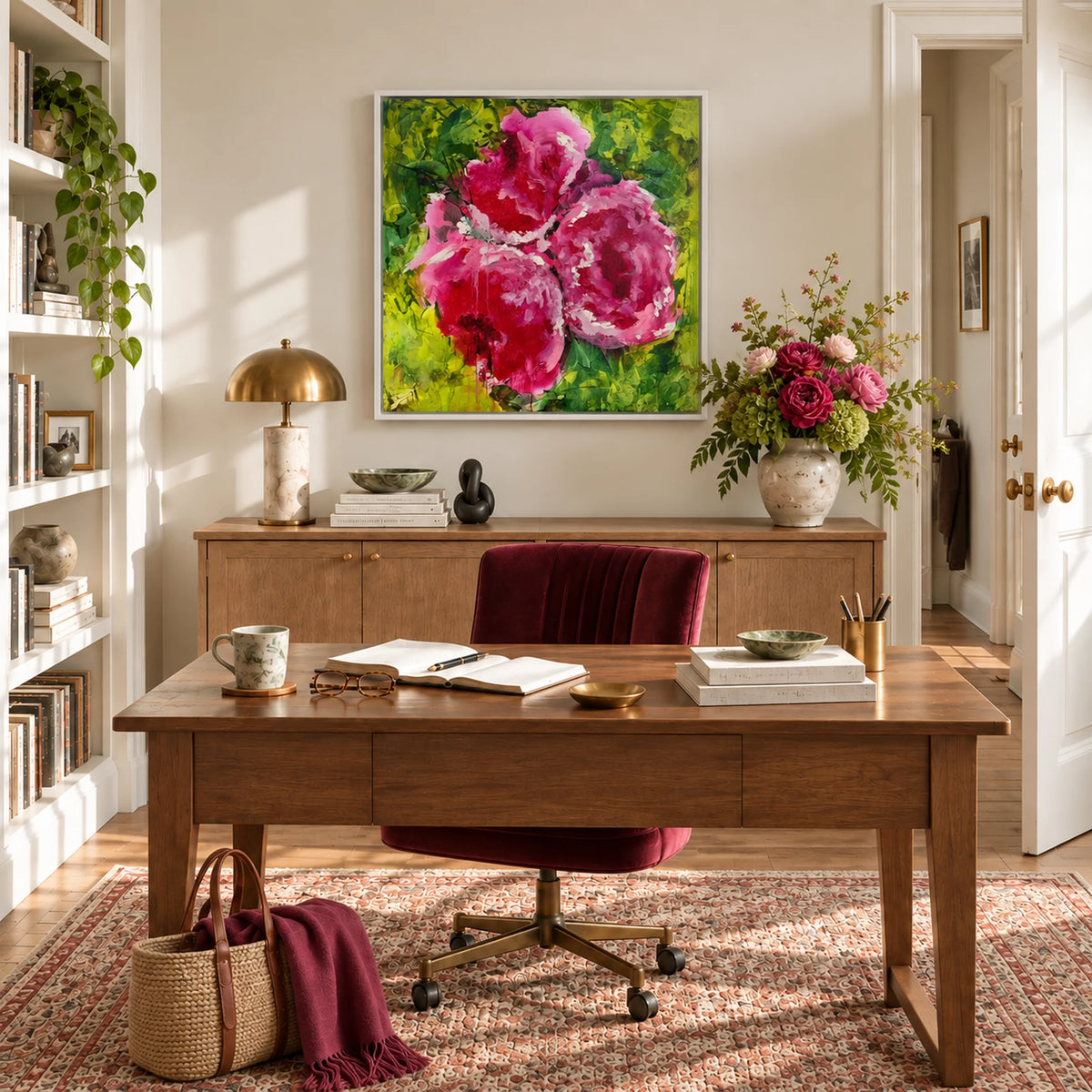 Physis original artwork in a white float frame in a woman's office, by Nicola Bird