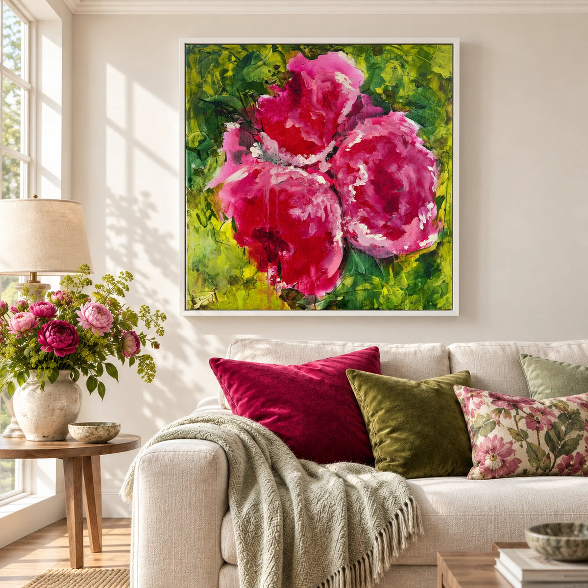 Physis original artwork in a white float frame, living room close-up, by Nicola Bird