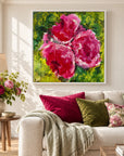Physis original artwork in a white float frame, living room close-up, by Nicola Bird