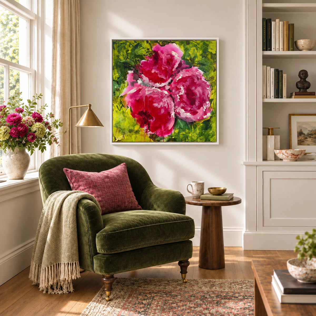 Physis original artwork in a white float frame in a reading nook, by Nicola Bird