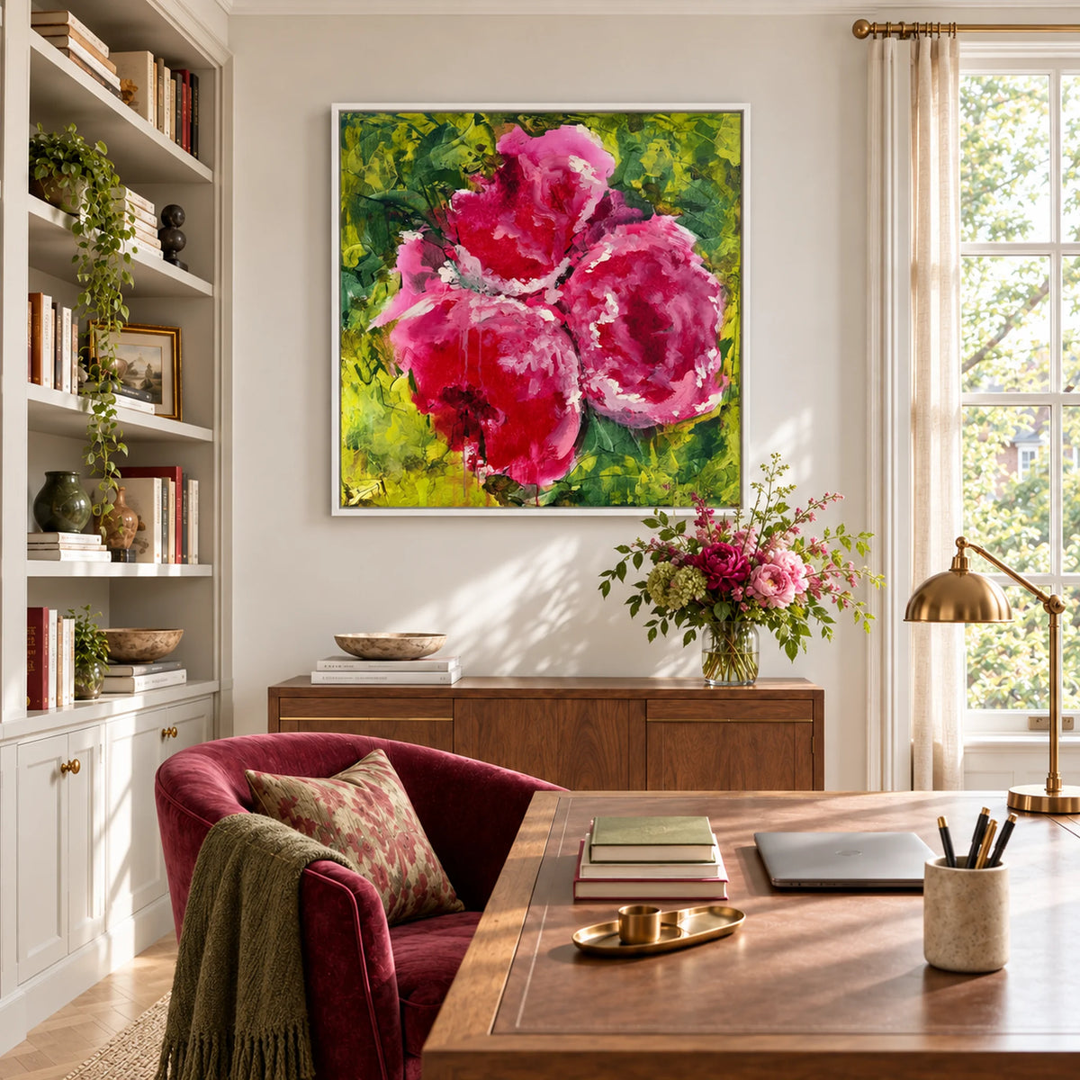 Physis original artwork in a white float frame in an angled writing room, by Nicola Bird