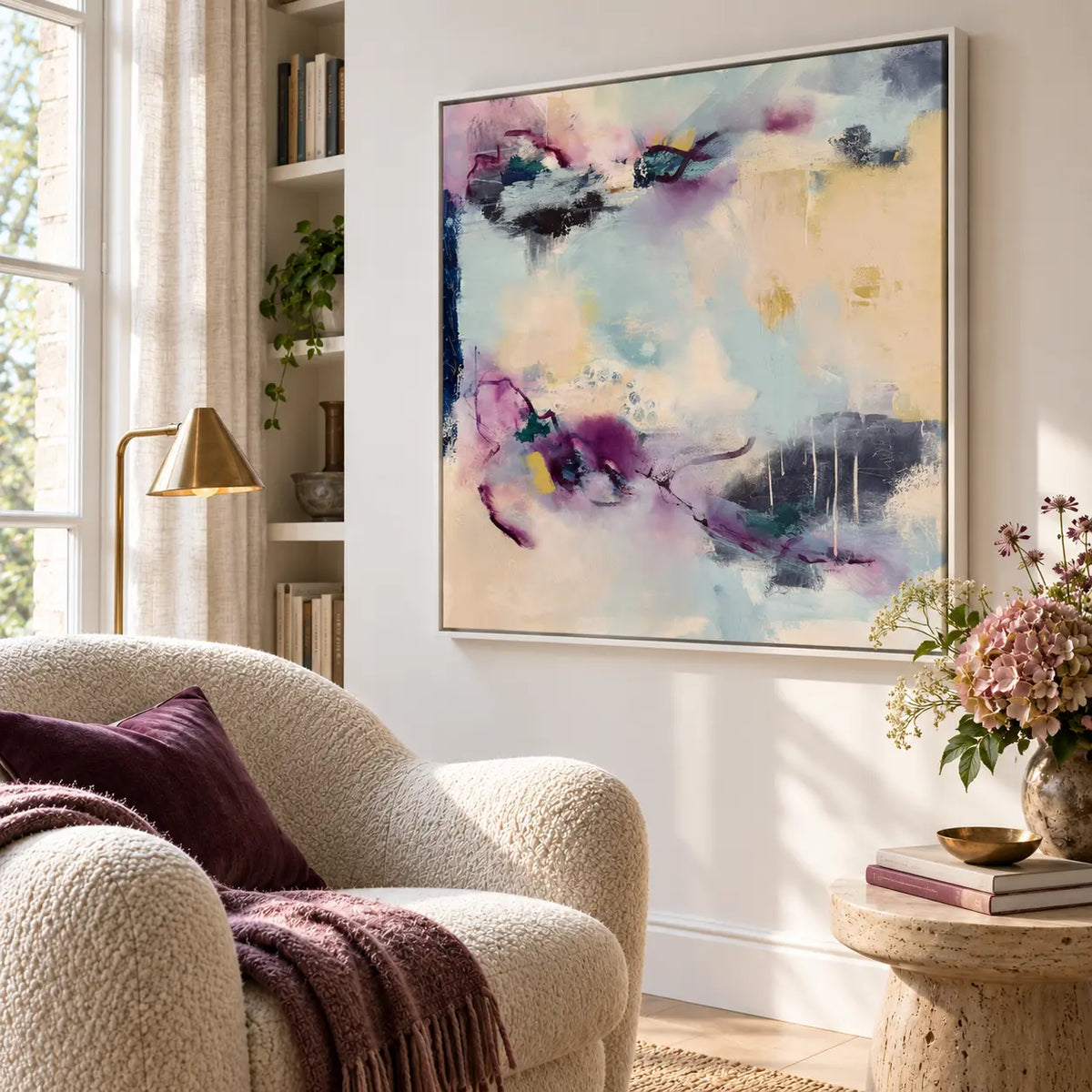 Reciprocity original artwork in a white float frame — reading nook | Nicola Bird