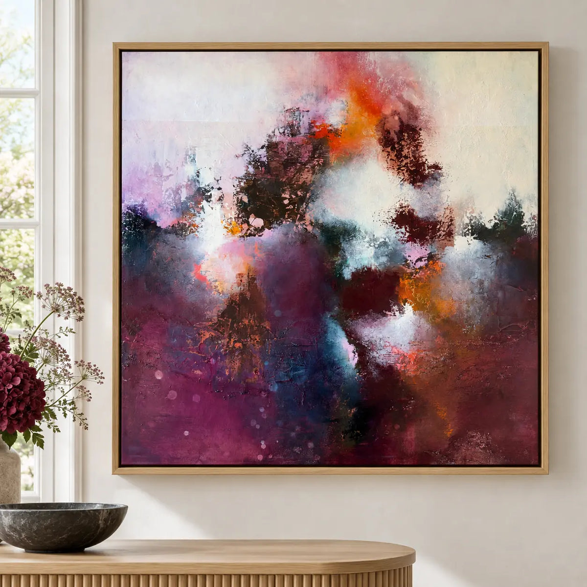 Cropped view of Sunrise Ruby original painting in oak float frame