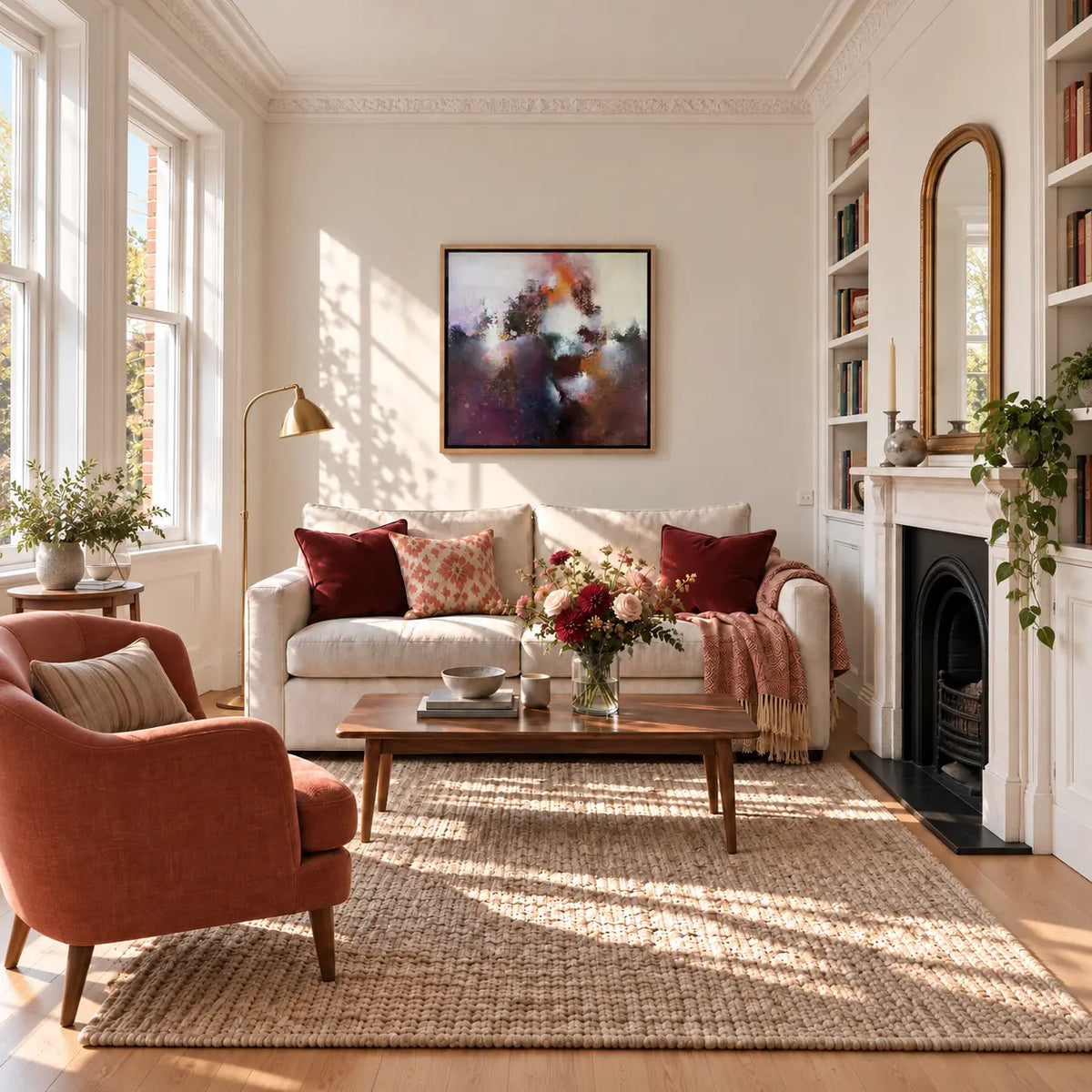 Sunrise Ruby framed canvas print in a light-filled living room