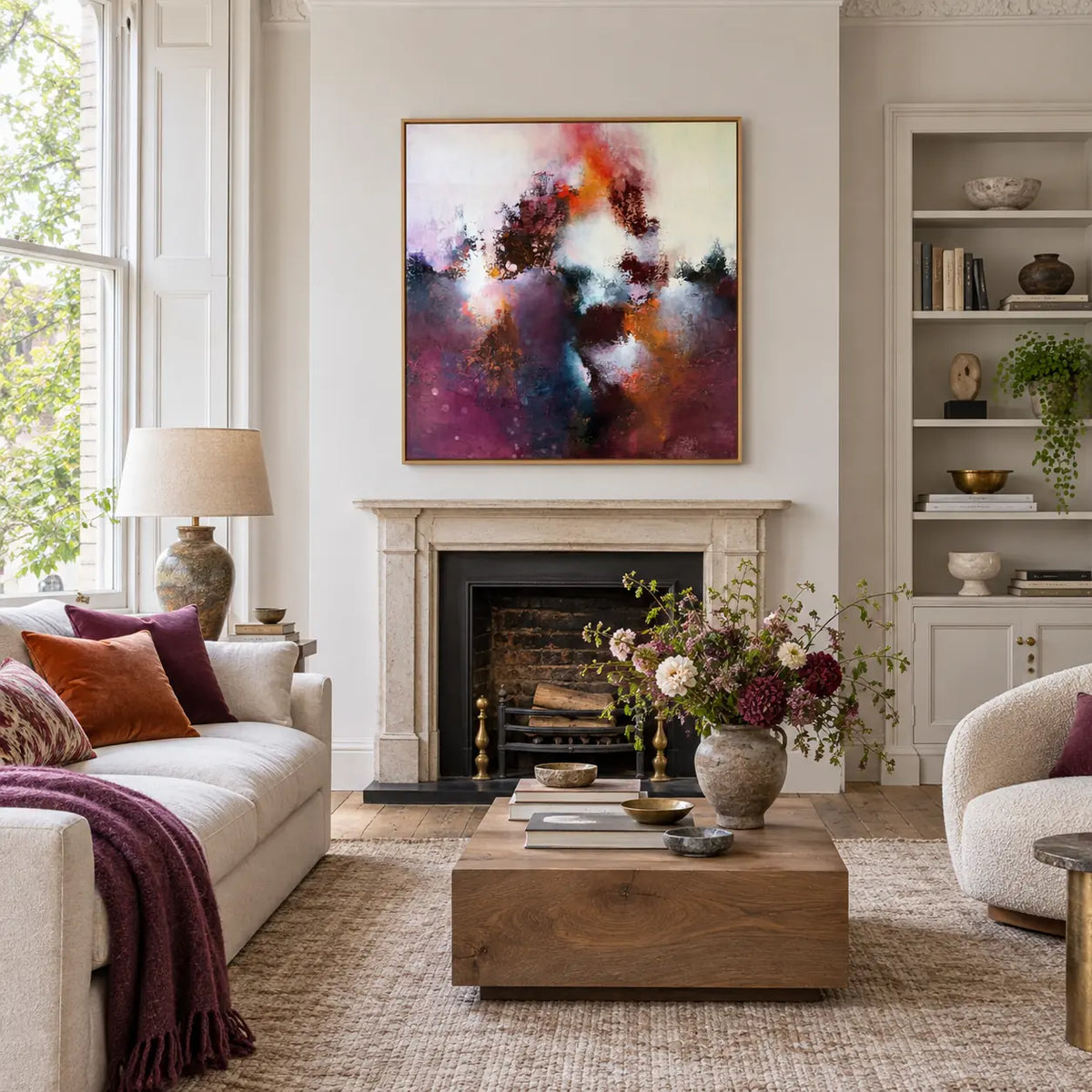 Sunrise Ruby original painting styled in a light living room