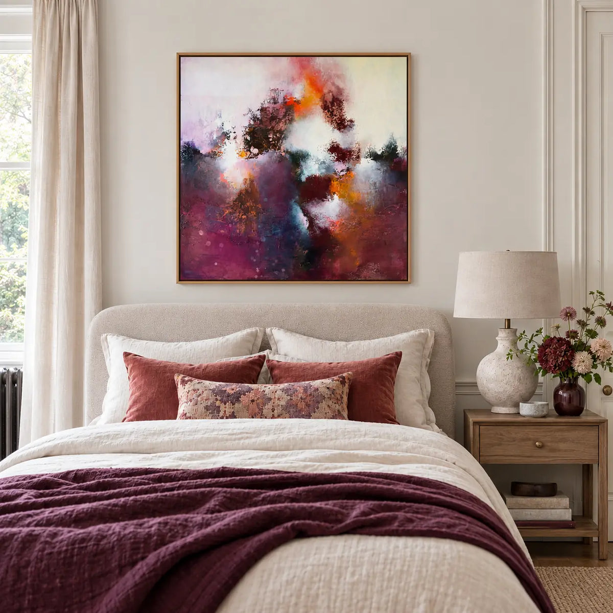 Sunrise Ruby original artwork in an oak float frame — bedroom | Nicola Bird