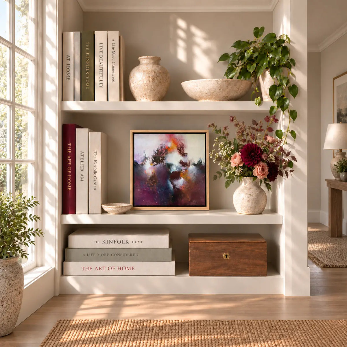 Sunrise Ruby 12-inch framed canvas print styled on a bookcase