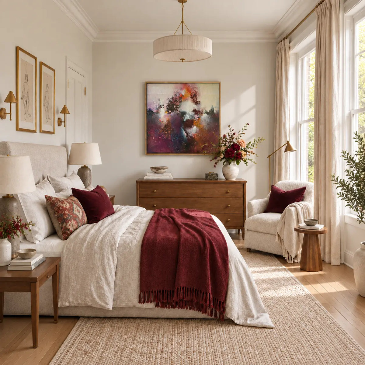 Sunrise Ruby framed canvas print in a light-filled bedroom