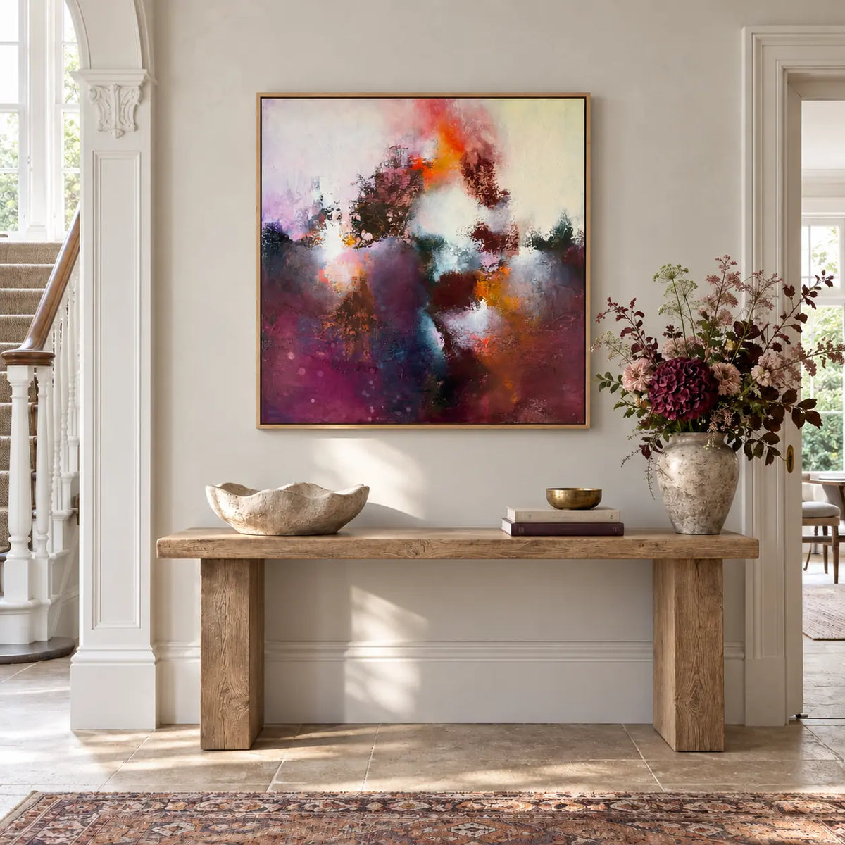 Sunrise Ruby original artwork in an oak float frame — hallway | Nicola Bird