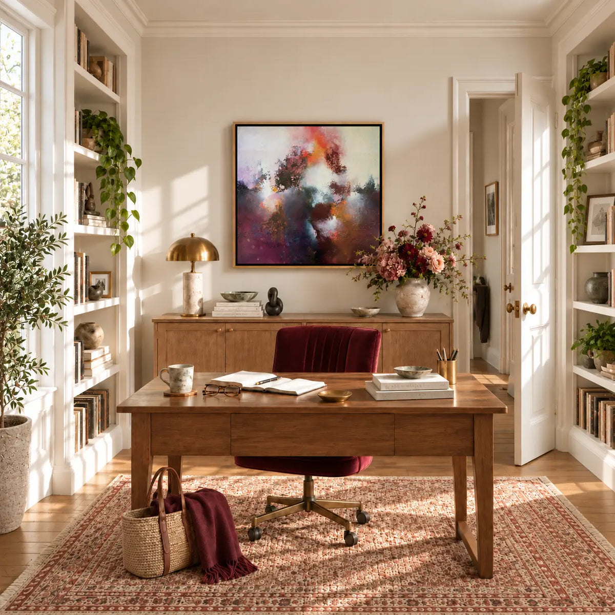 Sunrise Ruby framed canvas print in a refined home office