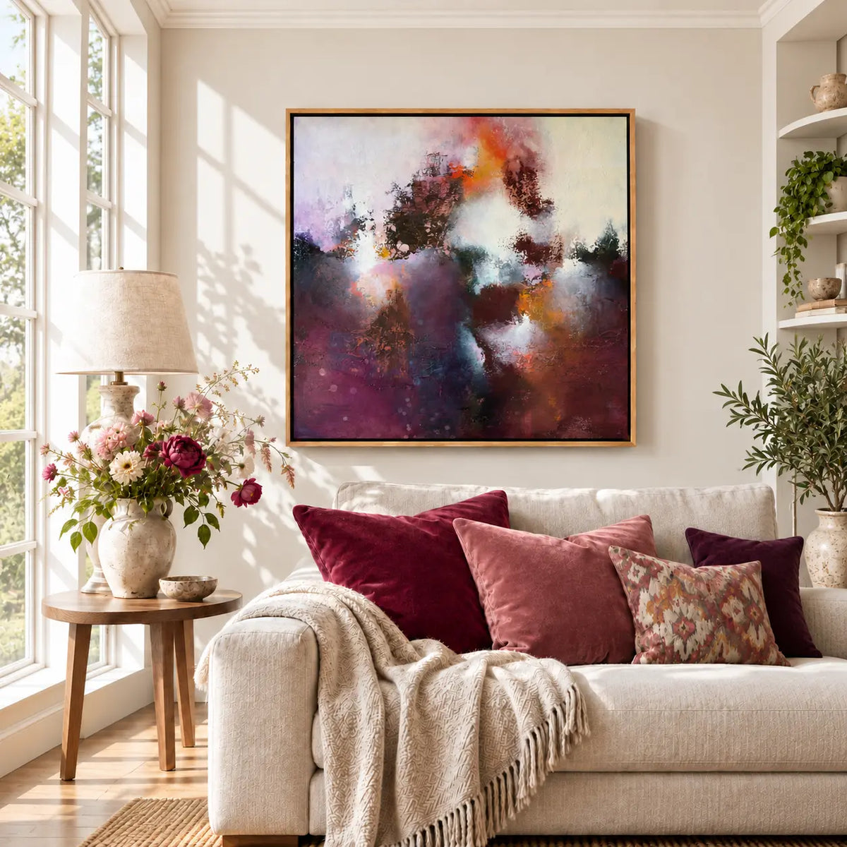 Sunrise Ruby framed canvas print, close living-room view