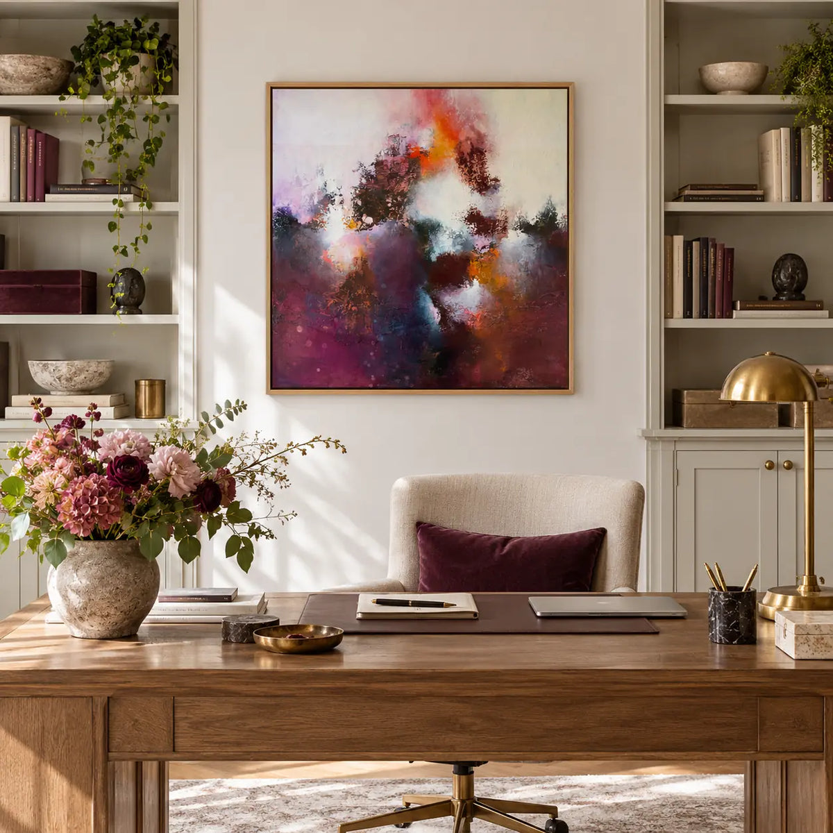 Sunrise Ruby original painting styled in a woman's home office