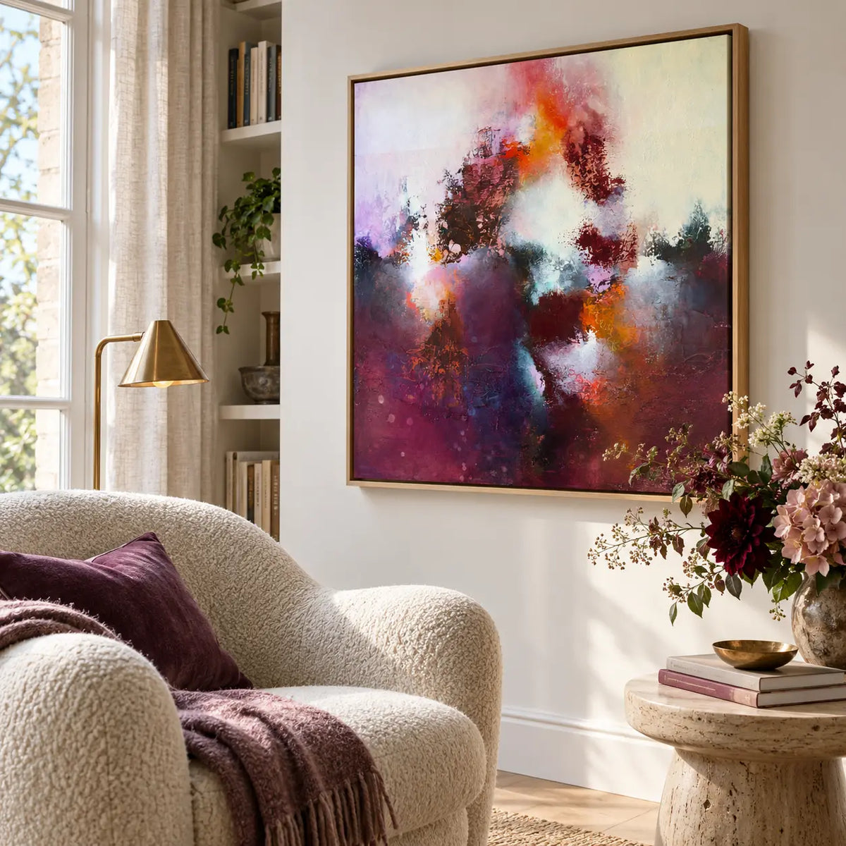 Sunrise Ruby original artwork in an oak float frame — reading nook | Nicola Bird