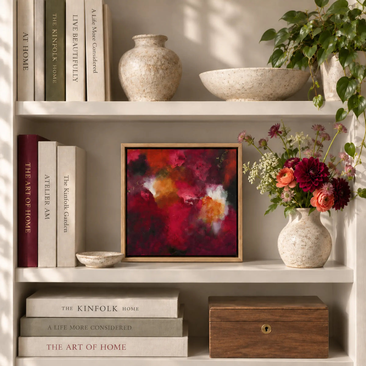 The Lover 12-inch oak float-framed canvas displayed on a bookcase by Nicola Bird