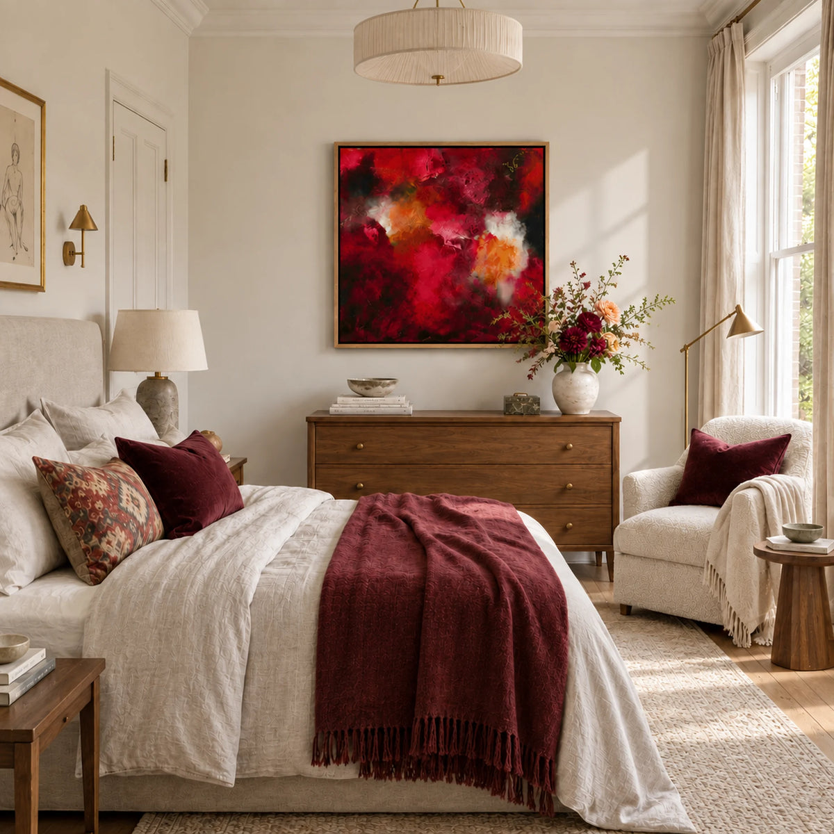 The Lover oak float-framed canvas print in a light-filled bedroom by Nicola Bird