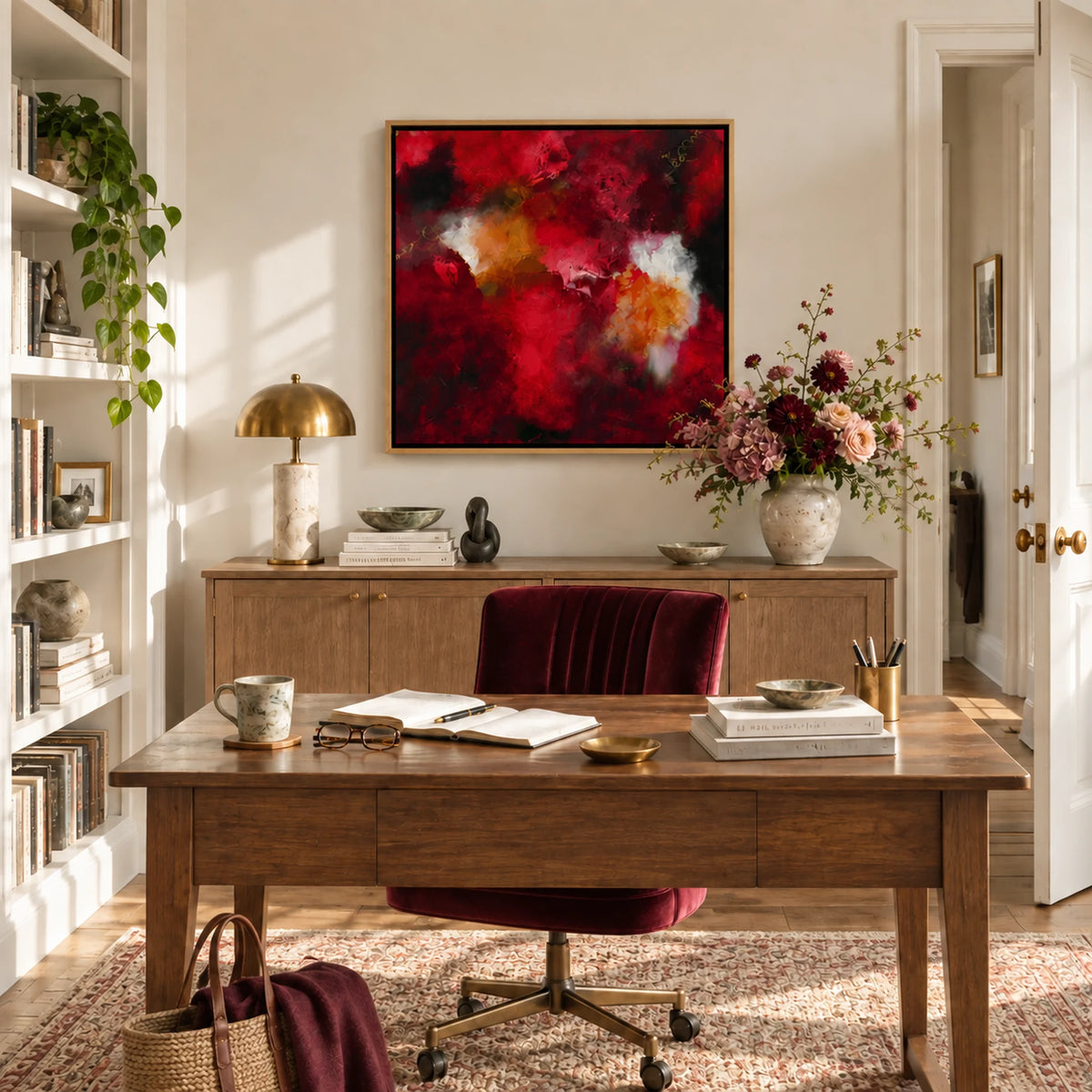 The Lover oak float-framed canvas print in a light-filled woman’s office by Nicola Bird