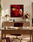 The Lover oak float-framed canvas print in a light-filled woman’s office by Nicola Bird