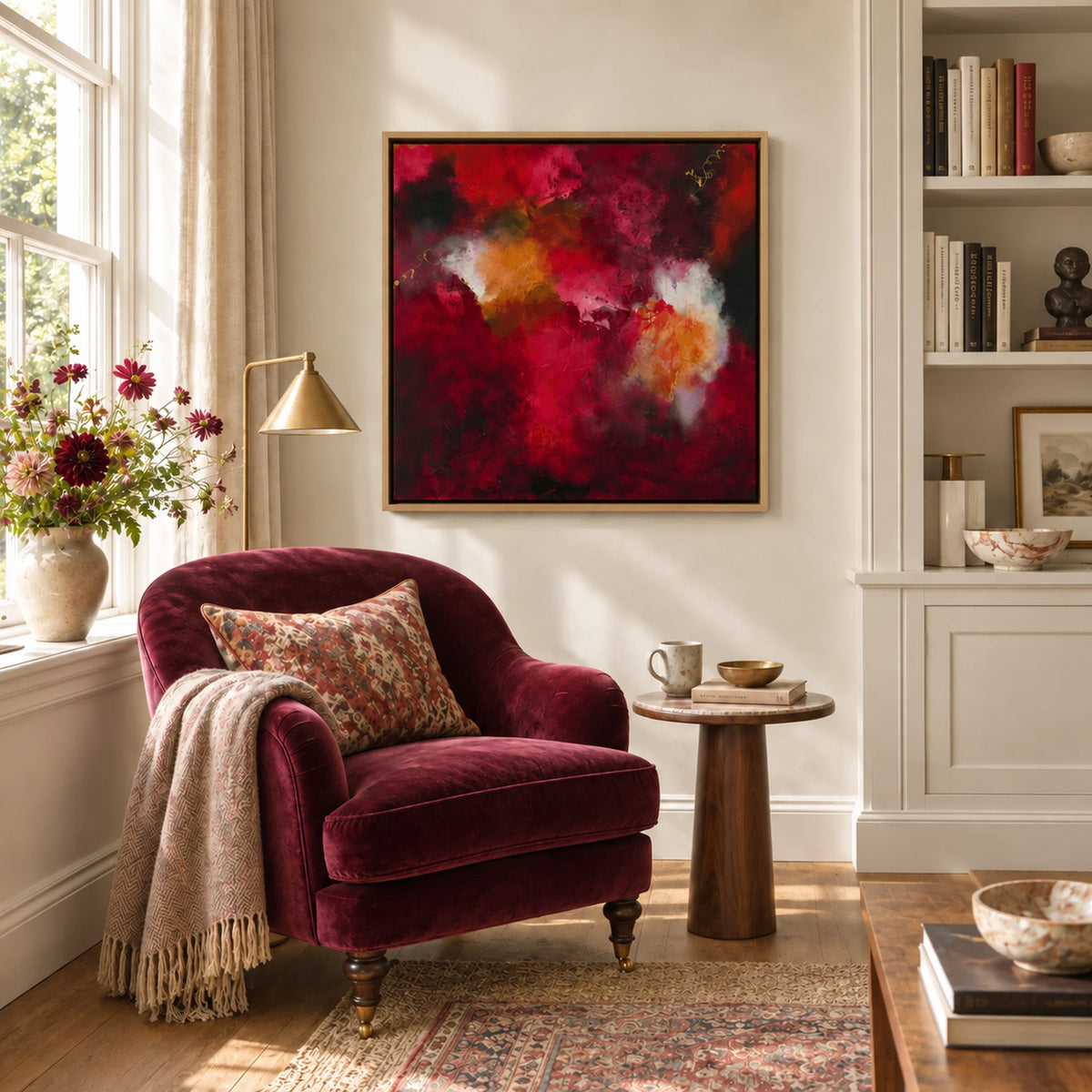 The Lover oak float-framed canvas print in a bright reading nook by Nicola Bird