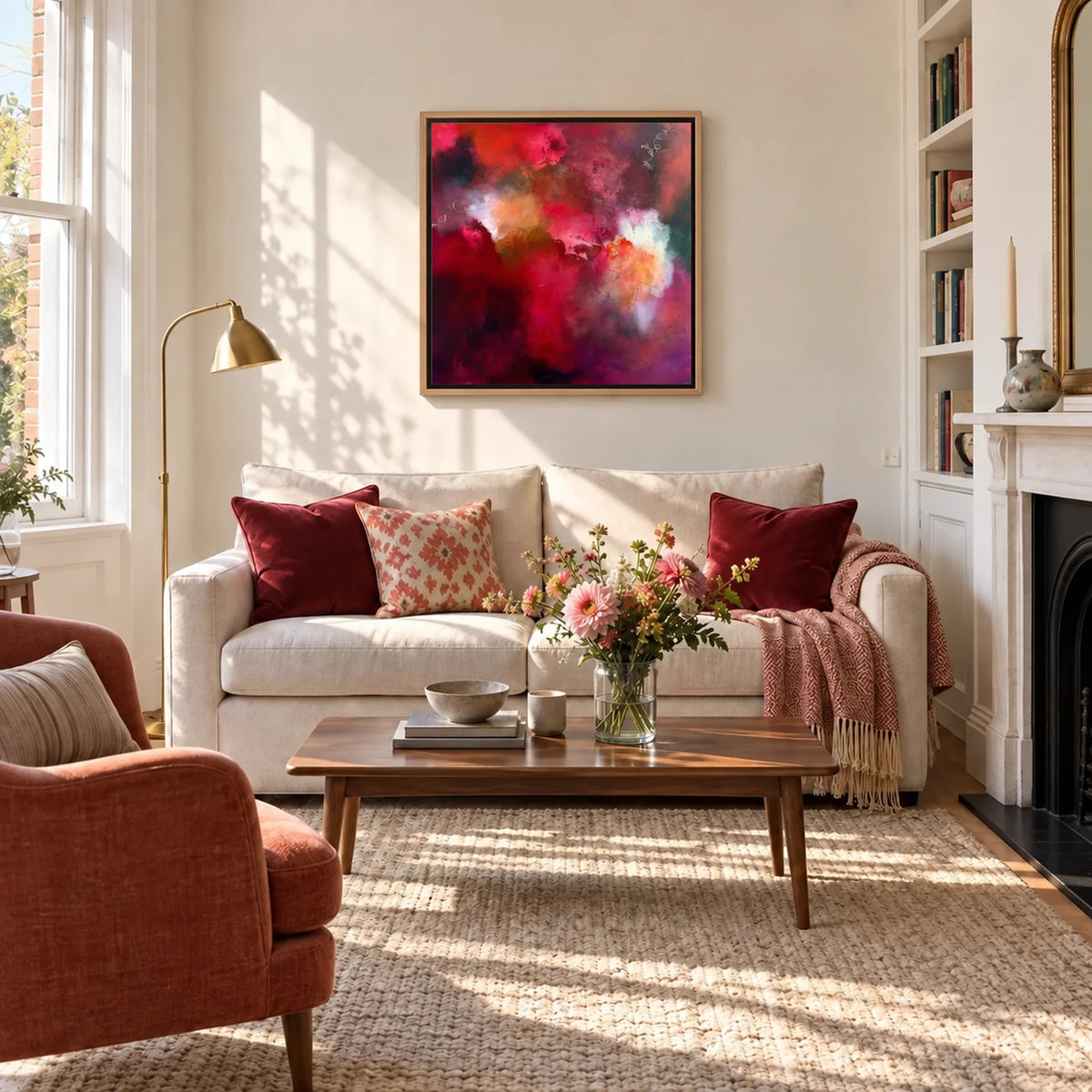 The Lover oak float-framed canvas print in a light-filled living room by Nicola Bird