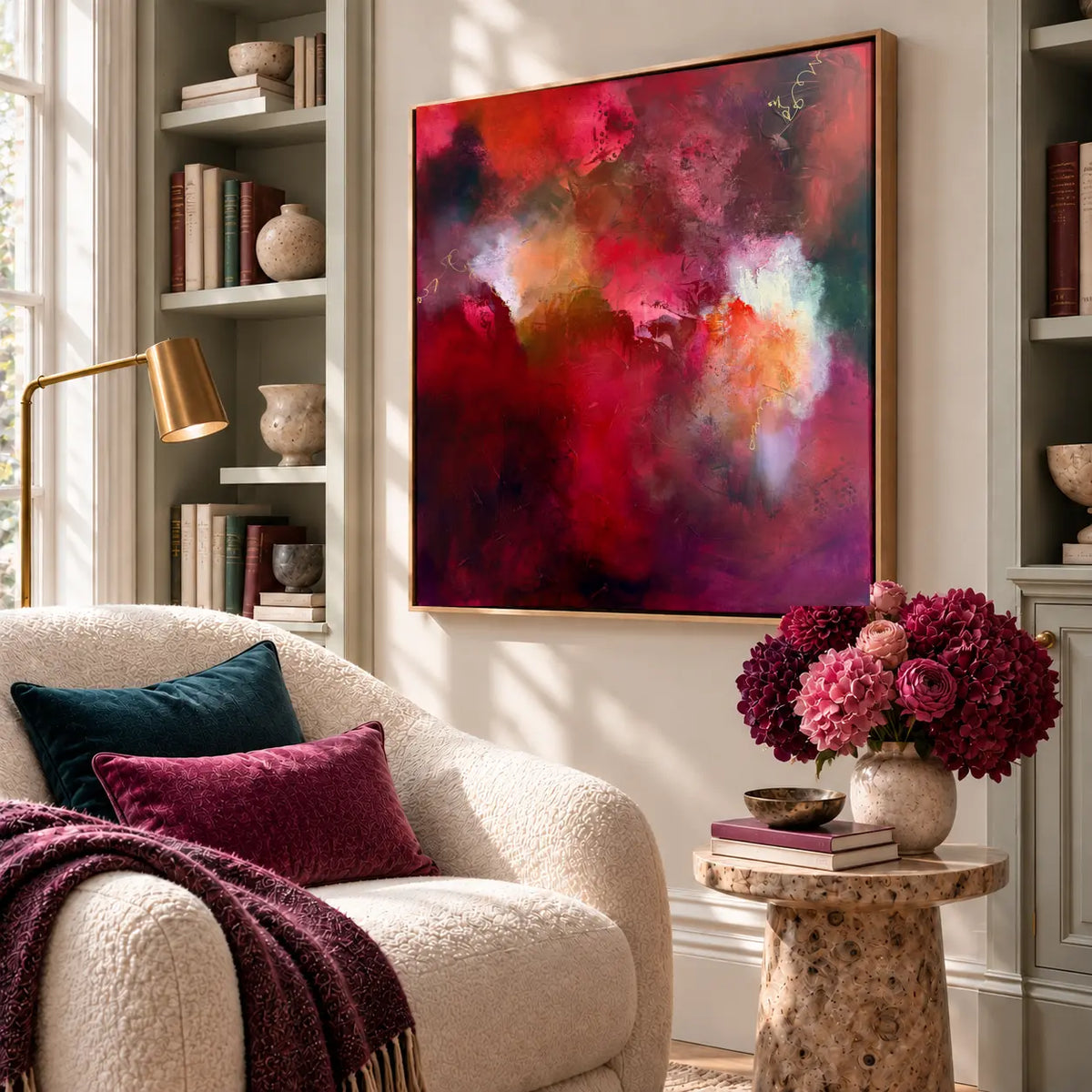 The Lover original artwork in an oak float frame — reading nook | Nicola Bird