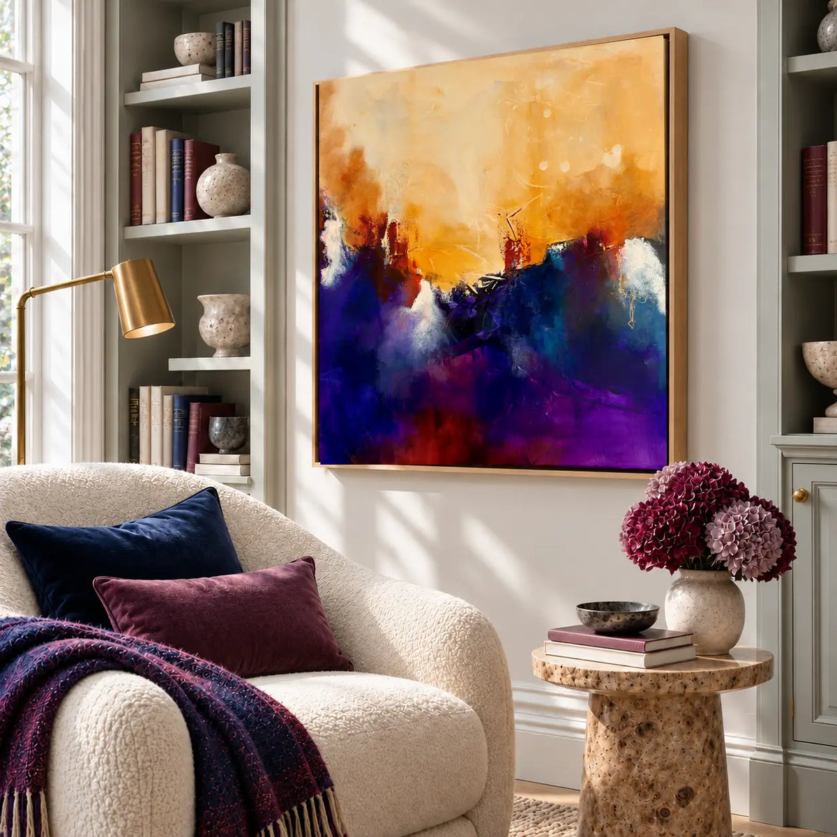 The Queen original artwork in an oak float frame — reading nook | Nicola Bird