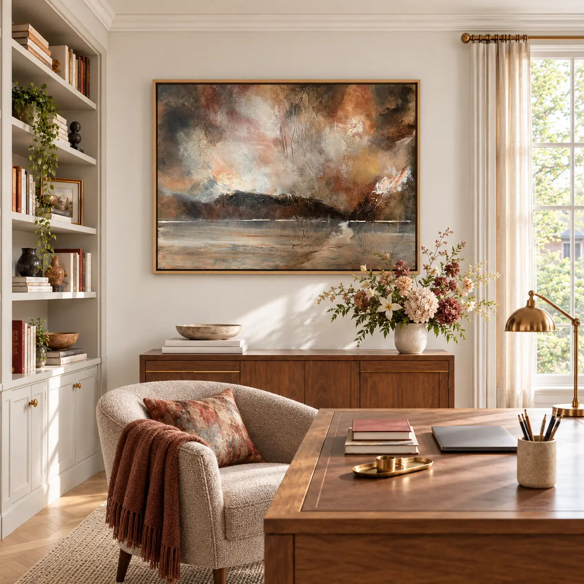 Where Heaven Meets Earth framed canvas print in a writing room
